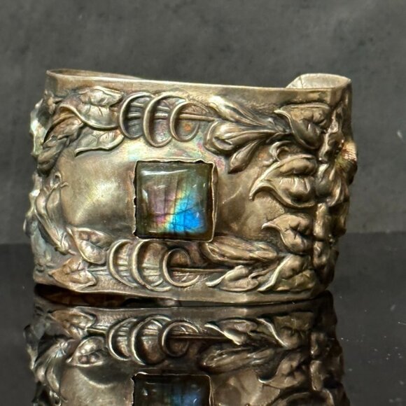 Labradorite Spectralite Sterling Silver 925 Cuff Bracelet Wide Floral  Antique - Picture 4 of 13